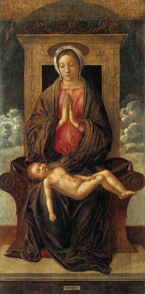 1.  Джованни Беллини. Мадонна на троне, поклоняющаяся спящему Младенцу. 1475
